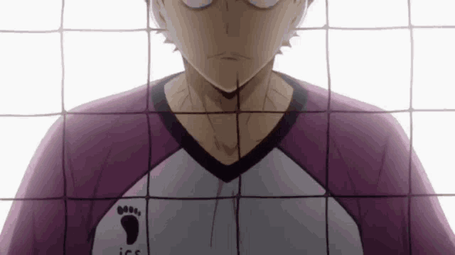 a close up of a person wearing a purple and white volleyball jersey behind a volleyball net .