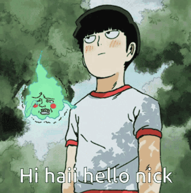 a cartoon of a boy with a green face behind him that says hi hai hello nick