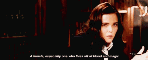 a female , especially one who lives off of blood and magic , is talking .