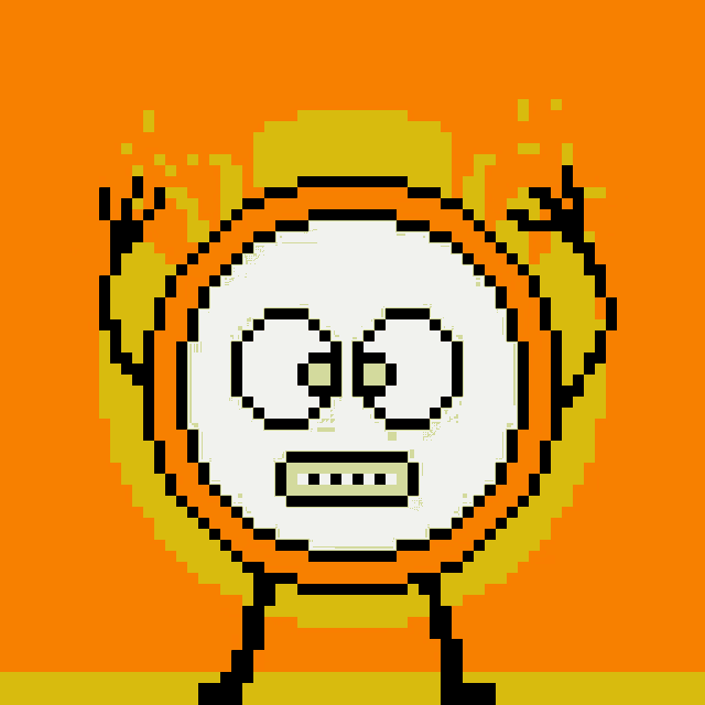 a pixel art drawing of a cartoon character with a go sign on its face