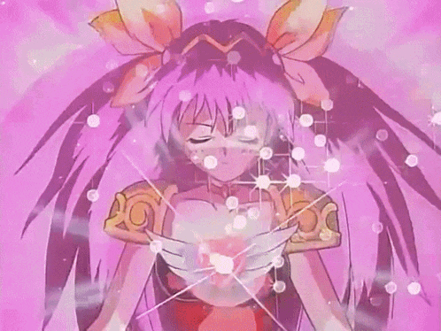 a cartoon girl with purple hair and a heart on her chest is standing with her eyes closed .