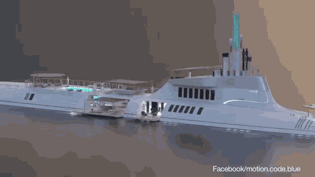 a computer generated image of a yacht with facebook motion code blue at the bottom of the image