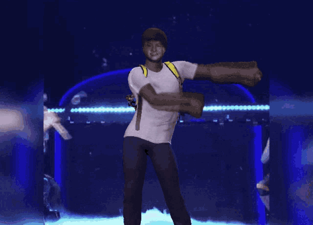 a man with a backpack on his back is dancing in a dark room