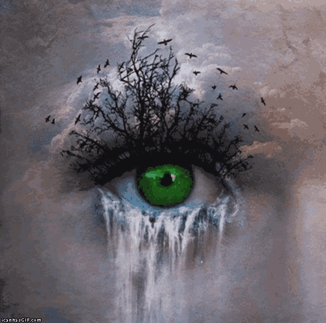a painting of an eye with a green eye and a waterfall in the background
