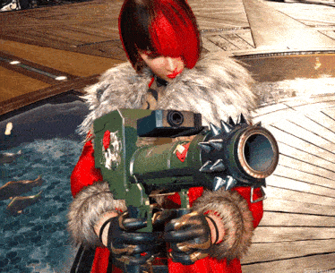 a woman with red hair is holding a gun with spikes