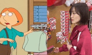 a cartoon of lois griffin is next to a picture of a woman in a store