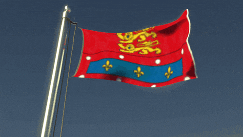 a red and blue flag with a lion on it is flying in the wind