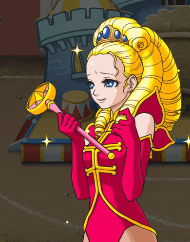 a cartoon drawing of a woman in a red and gold outfit holding a wand
