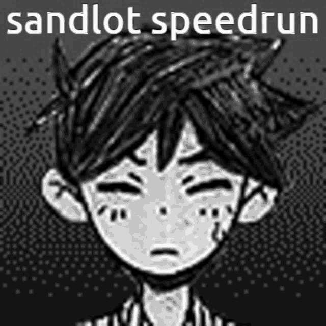 a black and white drawing of a boy with a sad face and the words sandlot speedrun .