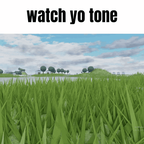a picture of a grassy field with the words " watch yo tone " above it