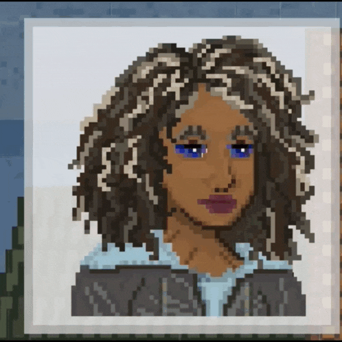 a pixel art portrait of a woman with dreadlocks