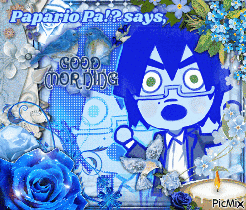 a picture of a boy with glasses and the words " papario pa says good morning "