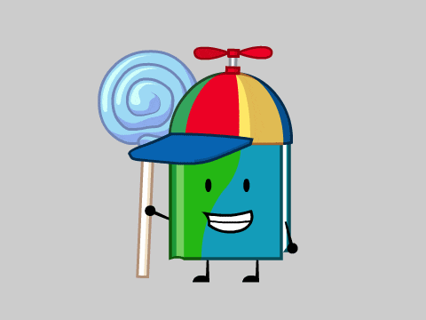 a cartoon character wearing a colorful hat holding a lollipop and an apple