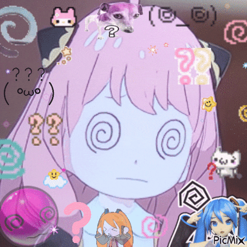 a picture of a girl with a swirl around her eyes and a question mark