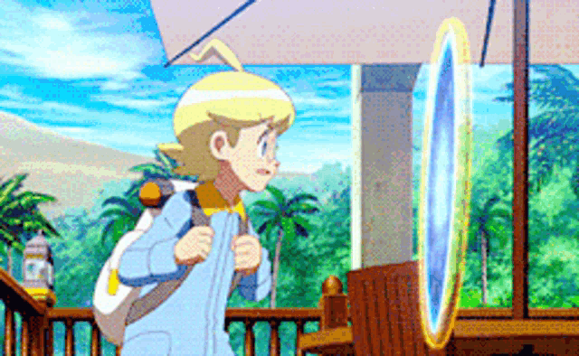 a boy with a backpack is standing in front of a mirror on a balcony .