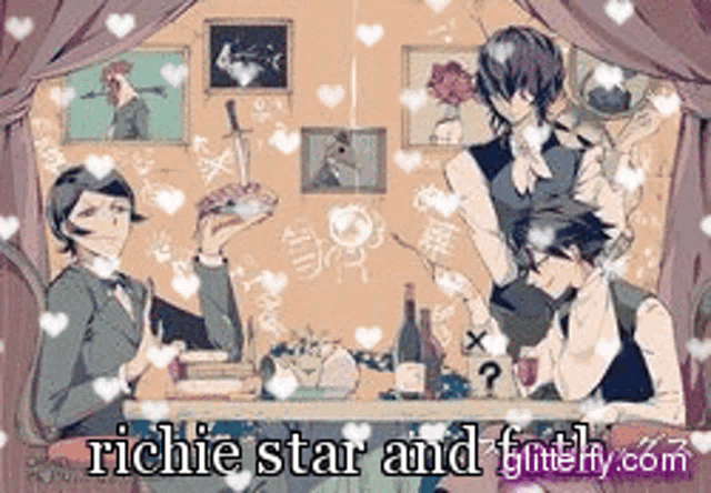 a group of anime characters are sitting at a table with hearts .