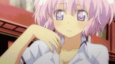 a girl with pink hair and blue eyes is looking at the camera