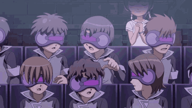 a group of cartoon characters wearing purple headphones and masks