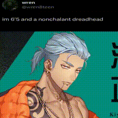 a drawing of a man with a ponytail and a tattoo .