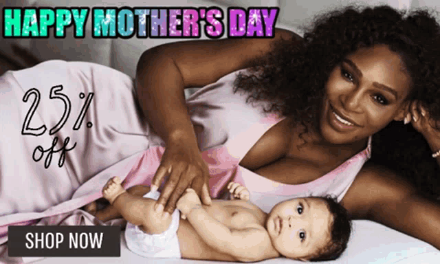 a woman laying on a bed with a baby and the words happy mother 's day above her