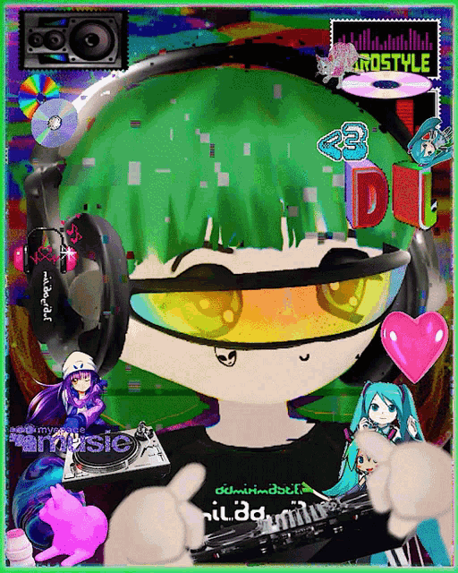 a girl with green hair is wearing headphones and a t-shirt that says " admired "