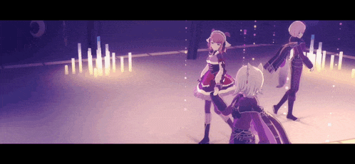 a group of anime characters are dancing together in a purple room
