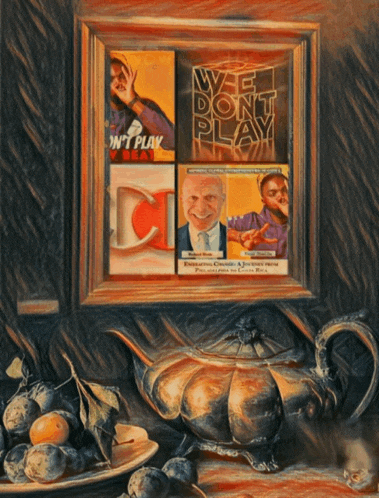 a painting of a window with a sign that says we don t play