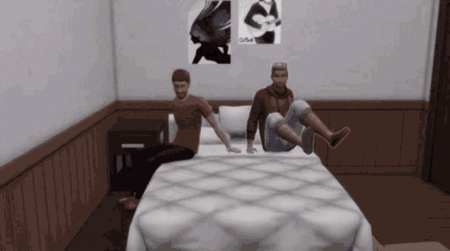 two men sit on a bed in a room with posters on the wall one of which says " 054 "