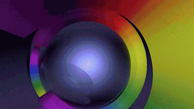 a rainbow colored background with a blue sphere in the middle