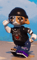 a lego cat wearing a black hat and a black shirt with a heart on it