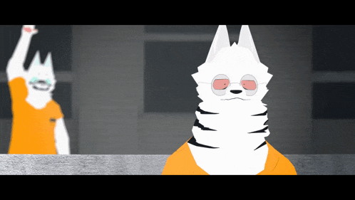 a cartoon of a white furry animal wearing glasses and a prison uniform