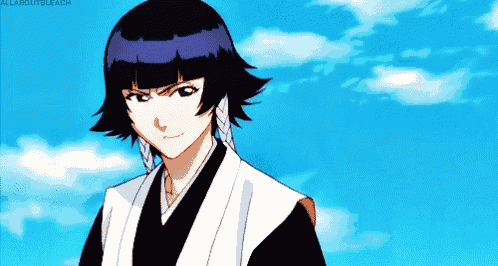a girl with purple hair is standing in front of a blue sky with clouds