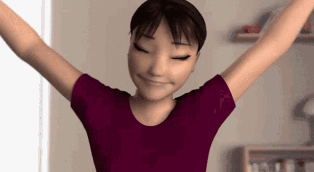 a cartoon girl with her arms outstretched and a smile on her face