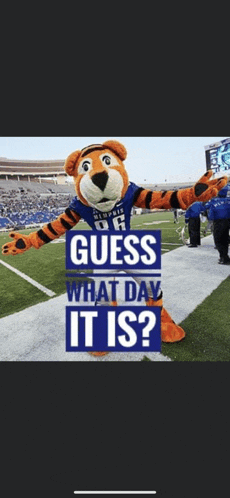 a tiger mascot on a football field with the words guess what day it is below him