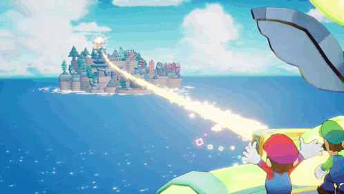 mario and luigi are playing a video game and looking at a small island