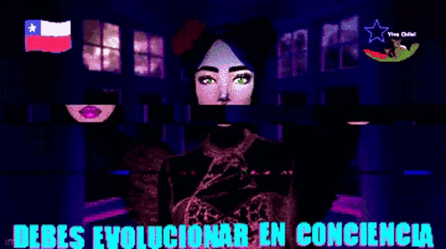 a pixel art of a woman with the words debes evolucionar en conciencia