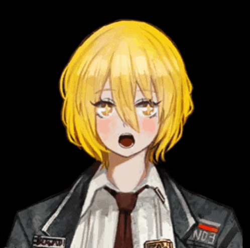 a girl with yellow hair is wearing a suit and tie with a patch that says eon