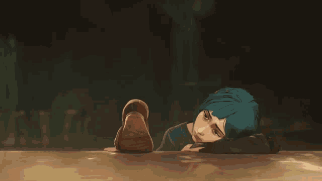 a girl with blue hair is laying on a table with her feet up