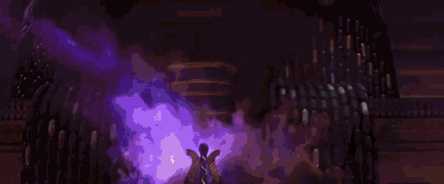a person standing in front of a purple smoke filled room