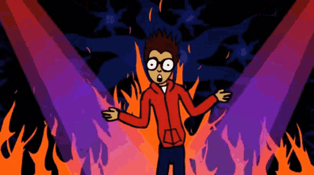a cartoon of a man in a red jacket standing in front of flames
