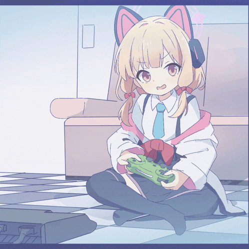 a girl is playing a video game with a controller