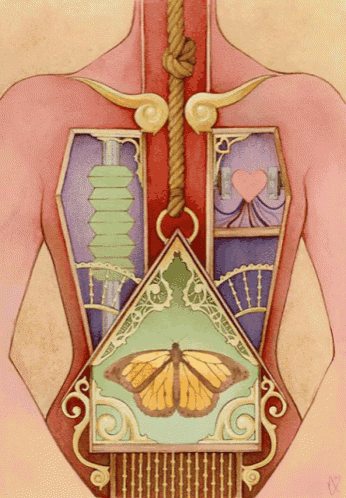 a painting of a woman with a butterfly and a heart