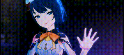 a girl with blue hair and a bow on her head is waving her hand in a video game .
