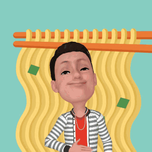 a cartoon of a man with noodles and chopsticks