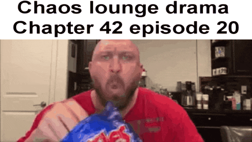 a bald man in a red shirt is eating a bag of chicken .