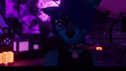 a blue furry animal with glasses and a collar