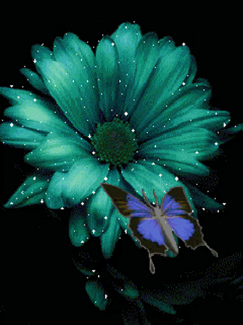 a blue butterfly sits on a green flower