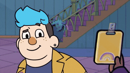 a cartoon character with blue hair is holding a clipboard with a rainbow sticker on it