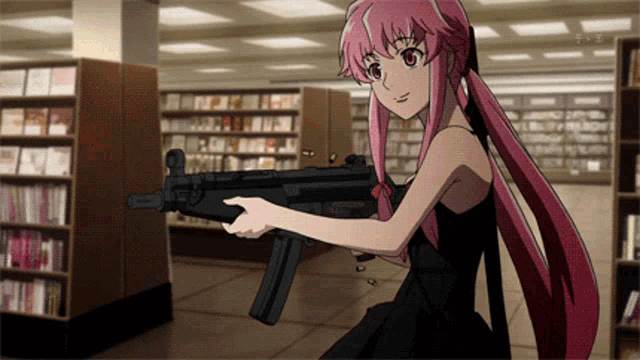 a girl with pink hair is holding a gun in a bookstore