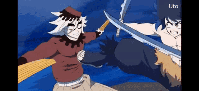 a cartoon of a man holding a sword fighting another man